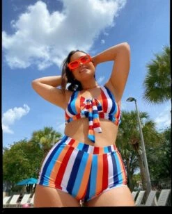 Bowknot Rainbow Stripe High Waisted Bikini Set 11 Bowknot Rainbow Stripe High Waisted Bikini Set -Rosewe Swimwear Store 272185 P 1658113359482