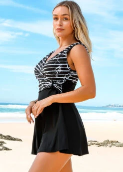 Cross Front Striped Wide Strap Swimdress And Shorts -Rosewe Swimwear Store 272261 P 16218211222763