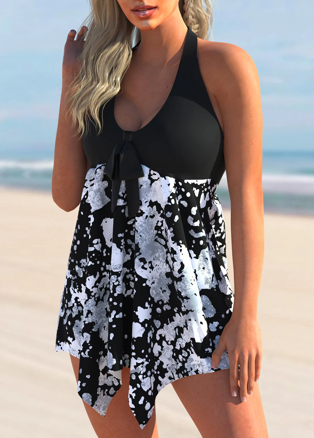 Halter Printed Asymmetric Hem Swimdress And Panty 5 Halter Printed Asymmetric Hem Swimdress And Panty - Image 3