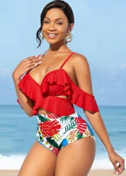 Flounce Spaghetti Strap High Waisted Bikini Set -Rosewe Swimwear Store 272543 P 16248752149422