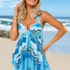 Chevron Print Asymmetric Hem Layered Halter Swimdress And Shorts -Rosewe Swimwear Store 272680 P 16600141941990