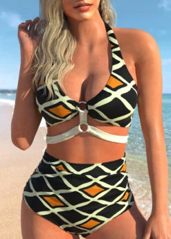 Halter Geometric Print High Waisted Bikini Set