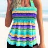 Smocked Tie Back Rainbow Stripe Tankini Set -Rosewe Swimwear Store 274486 P 1621305322048