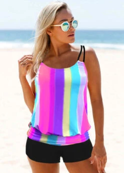 Rainbow Stripe Double Straps Tankini Set