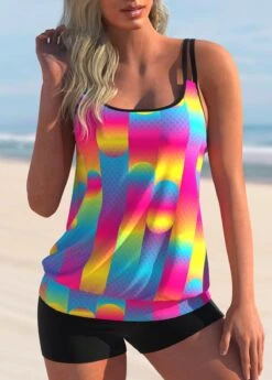 Colorful Geometric Print Double Straps Tankini Set