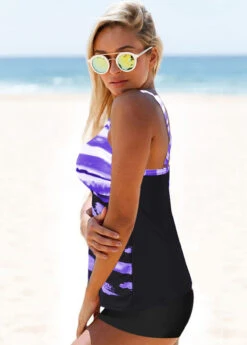 Criss Cross Back Purple Printed Tankini Set -Rosewe Swimwear Store 274851 P 1621388991452