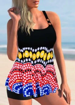 Multi Color Criss Cross Back Polka Dot Tankini Set -Rosewe Swimwear Store 275729 P 1622165828988