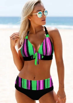 Halter Mid Waist Rainbow Stripe Bikini Set