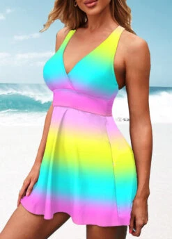 Ombre Wide Strap Colorful Swimdress And Panty
