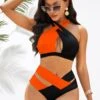 High Waisted Orange Color Block Bikini Set -Rosewe Swimwear Store 277800 P 16243252546570