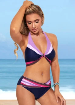 Color Block Tie Back Navy Blue Bikini Set -Rosewe Swimwear Store 285968 P 16371357120372