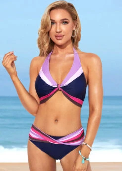Color Block Tie Back Navy Blue Bikini Set -Rosewe Swimwear Store 285968 P 16371357120983