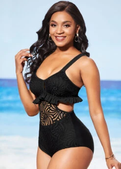 Lace Patchwork Flounce Pierced Black One Piece Swimwear -Rosewe Swimwear Store 286638 P 16372302521952