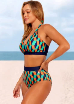 Color Block High Waisted Geometric Print Bikini Set -Rosewe Swimwear Store 286689 P 16393853425152