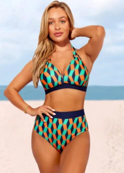 Color Block High Waisted Geometric Print Bikini Set -Rosewe Swimwear Store 286689 P 16393853428423