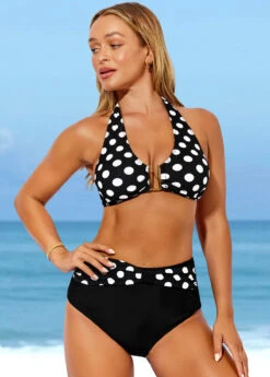 Polka Dot Black High Waisted Halter Bikini Set