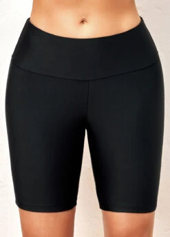 High Waisted Elastic Detail Black Swimwear Shorts