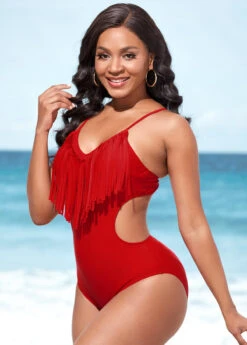 Tassel Spaghetti Strap Red One Piece Swimwear -Rosewe Swimwear Store 288703 P 16372311760842