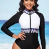 Quarter Zip Chevron Print Color Block One Piece Swimwear -Rosewe Swimwear Store 288748 P 16373168024490