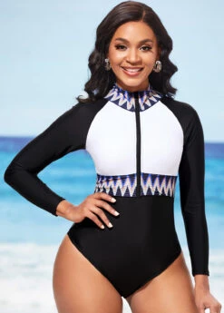 Quarter Zip Chevron Print Color Block One Piece Swimwear