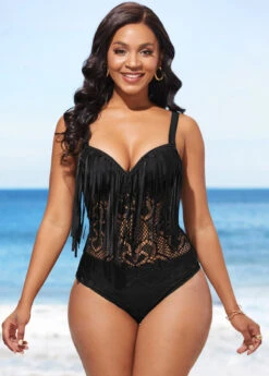 Tassel Lace Patchwork Black One Piece Swimwear -Rosewe Swimwear Store 288753 P 16479435576572