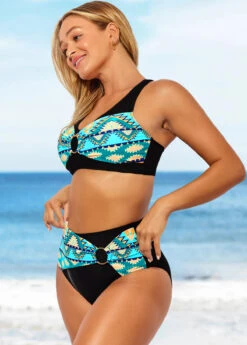 Tribal Print Black High Waisted Cross Strap Bikini Set -Rosewe Swimwear Store 288785 P 16389654012122
