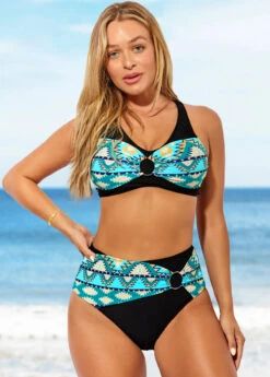 Tribal Print Black High Waisted Cross Strap Bikini Set