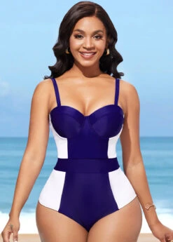 Color Block Spaghetti Strap Blue One Piece Swimwear -Rosewe Swimwear Store 288878 P 16390524812183