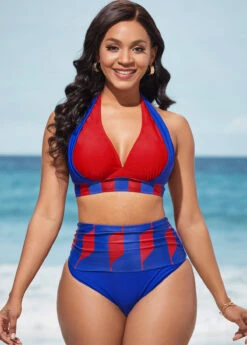 Geometric Print Royal Blue High Waisted Bikini Set