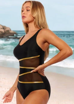 Mesh Stitching Contrast Black One Piece Swimwear 9 Mesh Stitching Contrast Black One Piece Swimwear -Rosewe Swimwear Store 289075 P 16387911251912