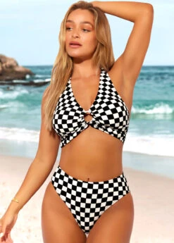 Checkered Print Color Block High Waisted Bikini Set -Rosewe Swimwear Store 289076 P 16387960851404