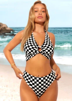 Checkered Print Color Block High Waisted Bikini Set