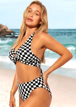 Checkered Print Color Block High Waisted Bikini Set -Rosewe Swimwear Store 289076 P 16387960854682