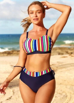 Striped Rainbow Color High Waisted Bikini Set -Rosewe Swimwear Store 289169 P 16397330593903