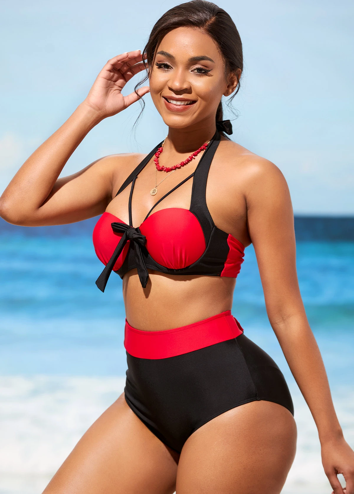High Waisted Bowknot Color Block Bikini Set 5 High Waisted Bowknot Color Block Bikini Set - Image 3