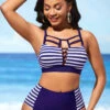 Navy Blue Stripe Print Cross Strap Bikini Set -Rosewe Swimwear Store 290268 P 16419852564880