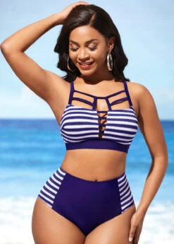 Navy Blue Stripe Print Cross Strap Bikini Set