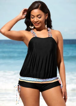 Black Tribal Print Tie Side Tankini Set -Rosewe Swimwear Store 290318 P 16479457823083