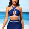 Contrast Stitch High Waist Navy Blue Bikini Set -Rosewe Swimwear Store 290323 P 16387933341450