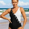 Textured Fabric Decorative Button Black One Piece Swimwear -Rosewe Swimwear Store 290407 P 16400550275290