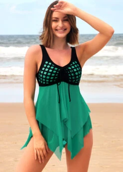 Cyan Tie Front Asymmetric Hem Swimdress And Panty 13 Cyan Tie Front Asymmetric Hem Swimdress And Panty -Rosewe Swimwear Store 290423 P 16551697732485