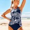 Paisley Print Cross Strap Navy Blue Tankini Set 1 Paisley Print Cross Strap Navy Blue Tankini Set -Rosewe Swimwear Store 290434 P 16391039693020