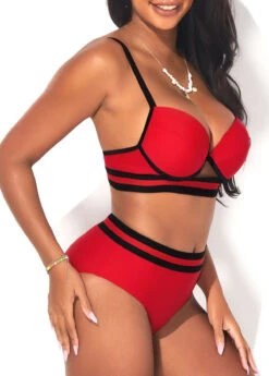 Mid Waist Deep Red Webbing Bikini Set -Rosewe Swimwear Store 291210 P 16413520762553