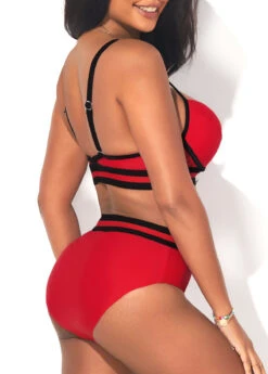 Mid Waist Deep Red Webbing Bikini Set -Rosewe Swimwear Store 291210 P 16413520768152