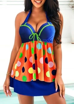 Polka Dot Bowknot Halter Rainbow Color Swimdress And Pantskirt 12 Polka Dot Bowknot Halter Rainbow Color Swimdress And Pantskirt -Rosewe Swimwear Store 291485 P 16427291700964