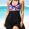 Floral Print Asymmetric Hem Black Swimdress And Panty -Rosewe Swimwear Store 291523 P 16408512180540