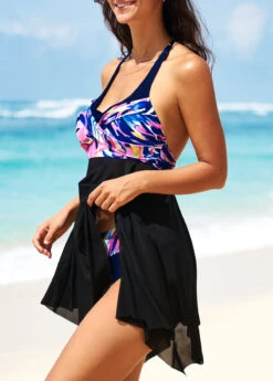 Floral Print Asymmetric Hem Black Swimdress And Panty -Rosewe Swimwear Store 291523 P 16408512183772