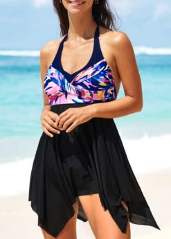 Floral Print Asymmetric Hem Black Swimdress And Panty -Rosewe Swimwear Store 291523 P 16408512188583