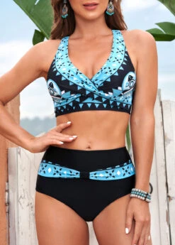 Black Geometric Print Cross Strap Bikini Set
