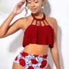 Cage Neck Red High Waisted Bikini Set -Rosewe Swimwear Store 292431 P 1646355846861